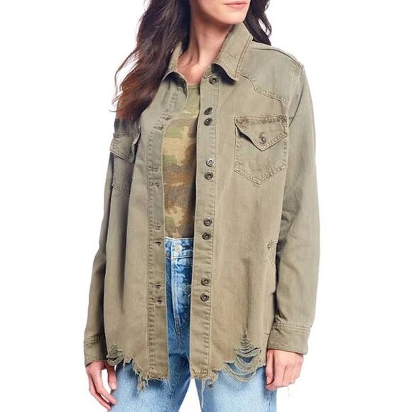 Free People Moonchild Olive Distressed Denim Shirt Jacket Size S - Picture 1 of 6